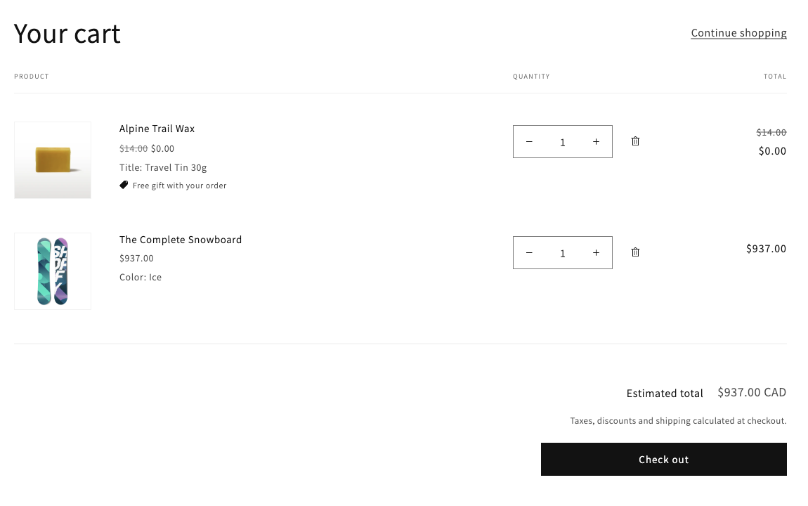 A Shopify cart with two lines. Alpine Trail Wax shows $14.00 struck through and $0.00 beside it, tagged "Free gift with your order". The Complete Snowboard sits below at $937.00, and the estimated total is $937.00.